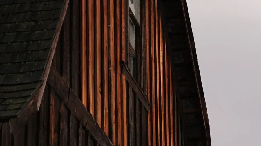 Dark timber-clad gable end of a garden building against a cloudy sky