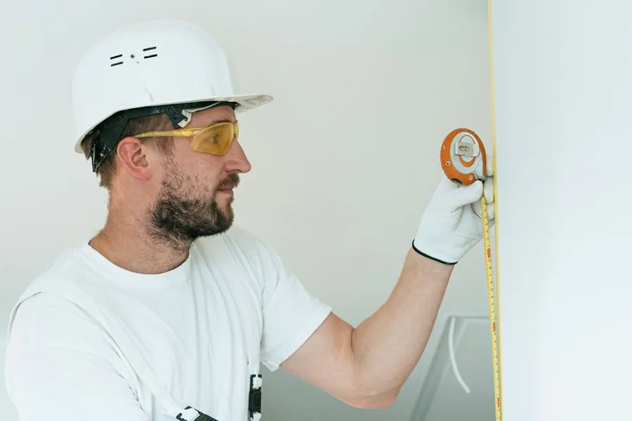 Surveyor in white hard hat and safety glasses taking measurements with a tape