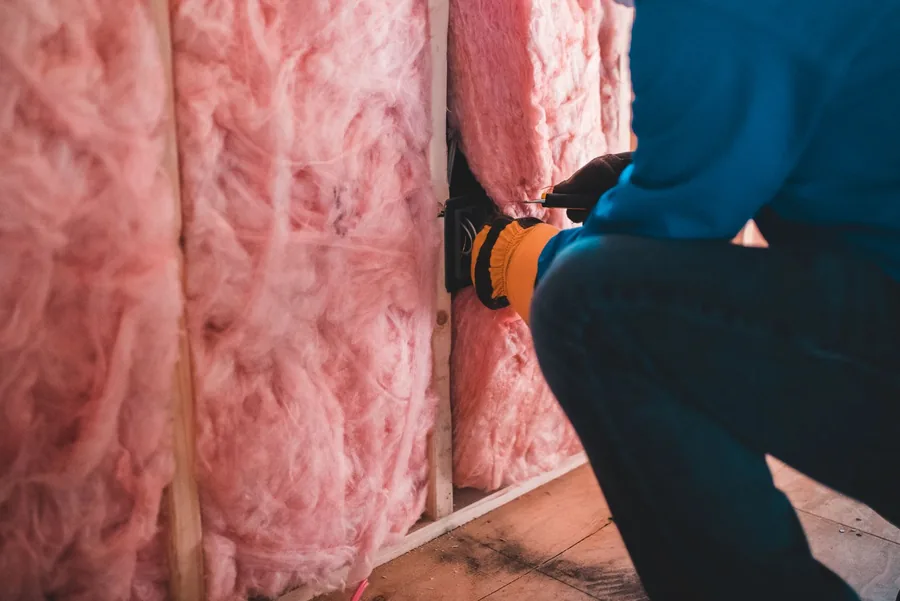 Worker installing mineral wool insulation between joists in a loft space