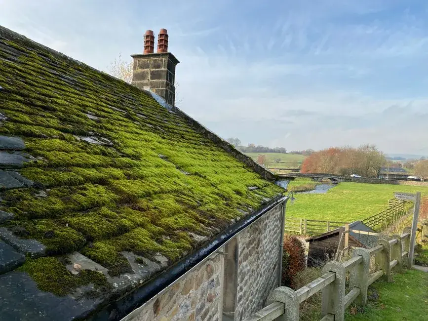 Moss-covered stone slate roof on a stone building above a river valley with clay chimney pots
