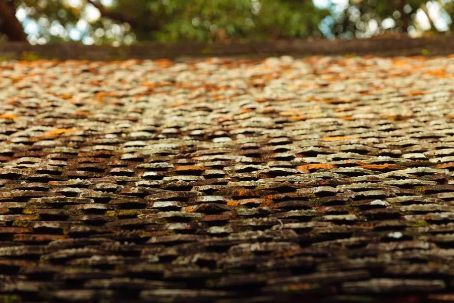 Old weathered stone roof covered in lichen with irregular overlapping courses of stone slates