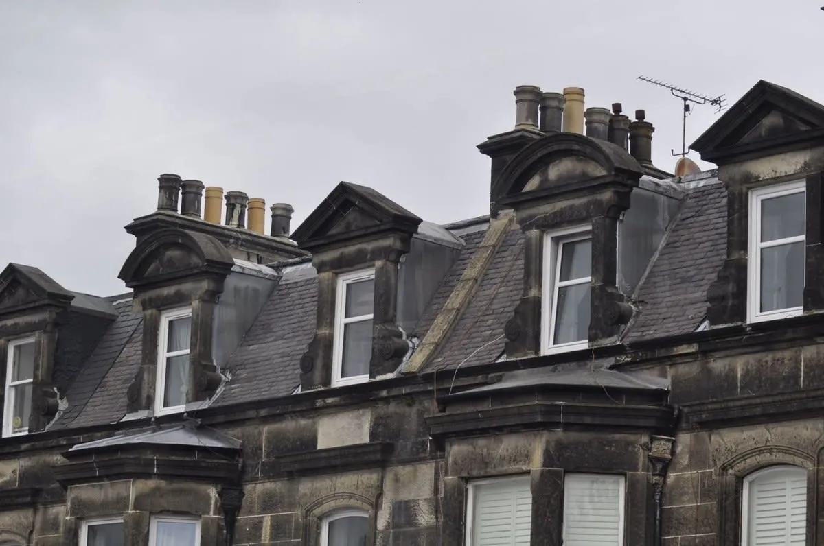 Aerial view of Victorian slate rooftops across a Harrogate street
