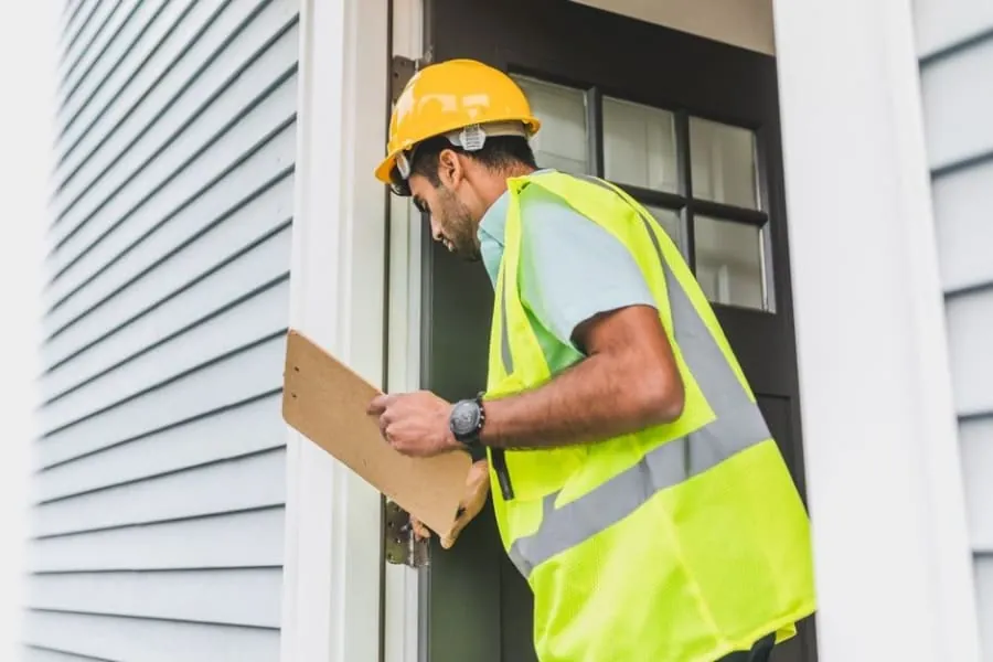 Inspector in a hard hat checking completed exterior work with a clipboard