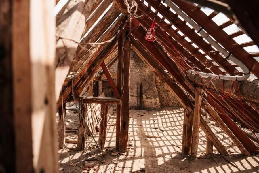 Exposed rafters and structural timbers inside a loft during conversion