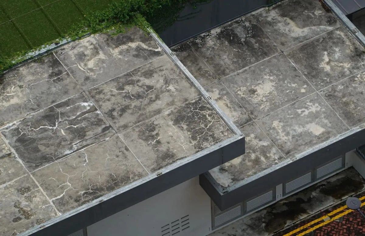 Aerial view of two flat rooftops with weathered gray tiles and dark edging