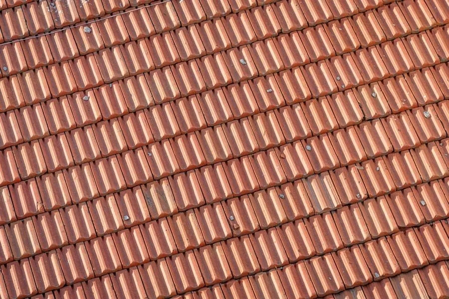 Roof tiles that have been painted with a brown-red coating