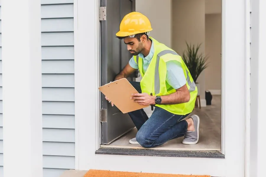 Worker in a yellow hard hat kneels at a front door, inspecting a clipboard and doorway threshold.