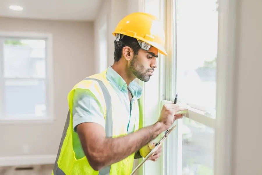 Construction worker in yellow hard hat measuring a window with a tape measure indoors