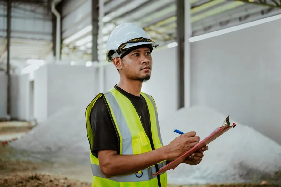 Construction worker in hard hat and reflective vest taking notes at an industrial site