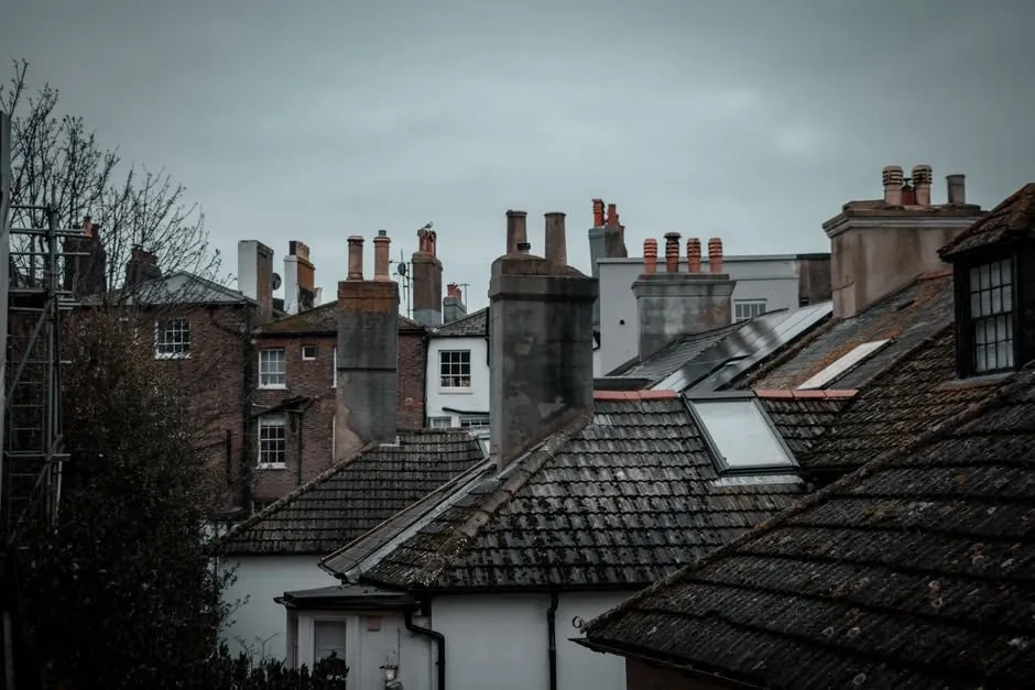 A range of roofing materials on British homes including slate and tile