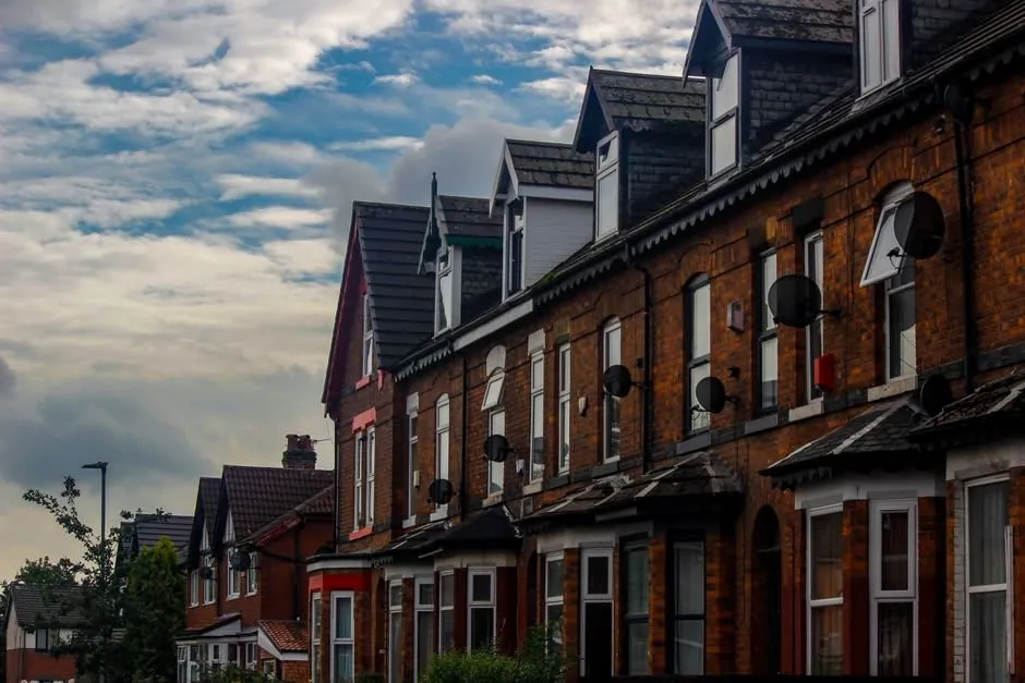 A long unbroken terraced roofline of period houses in Harrogate