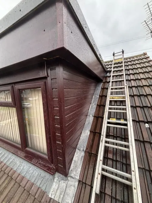A metal ladder leans against the brown tiled roof of a house, positioned next to a dark-paneled dormer window.